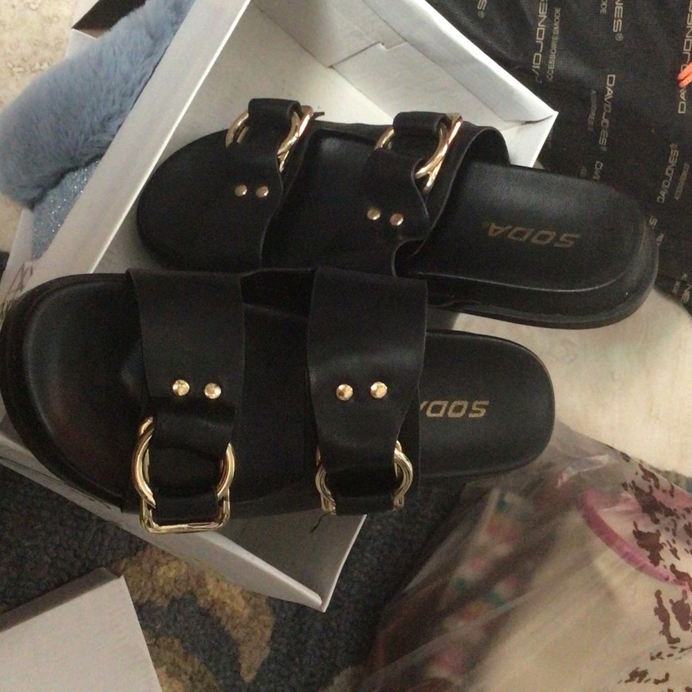 Soda Black Double-Strap Slide Sandals with Gold Buckles